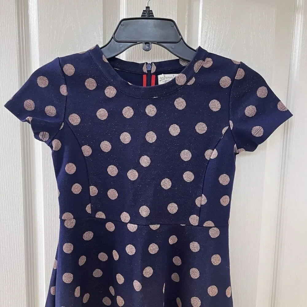 Johnnie B by Boden Navy Blue Gold Polka Dot Dress Fit & Flare Girls Size 9-10
